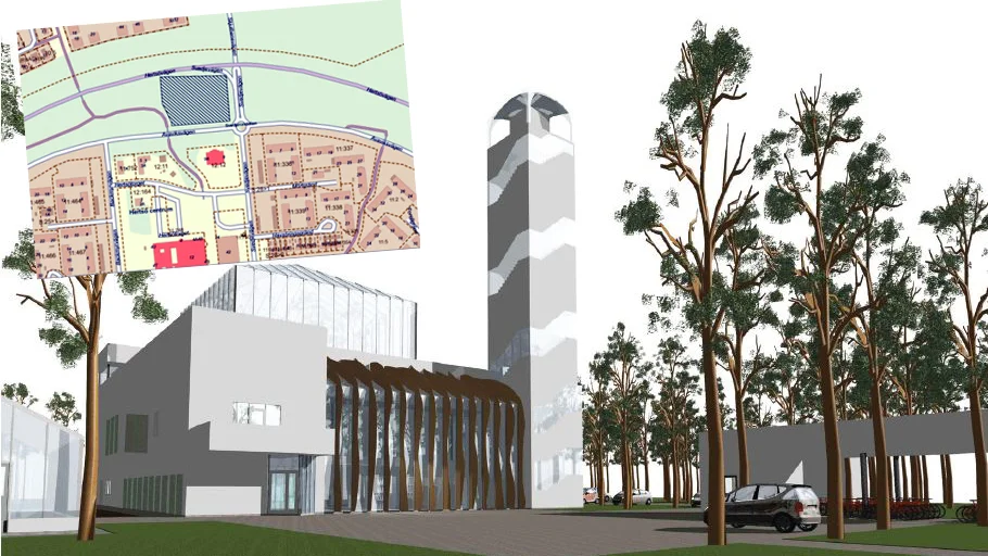 Gamla planerna skrotas. Så här var det tänkt att moskén i Luleå skulle se ut men nu . Illustrationen är framtagen av H & J arkitekter.  På infällda bilden från Luleå kommun ses tomten, som är belägen mellan Hertsövägen och Avaviksvägen.