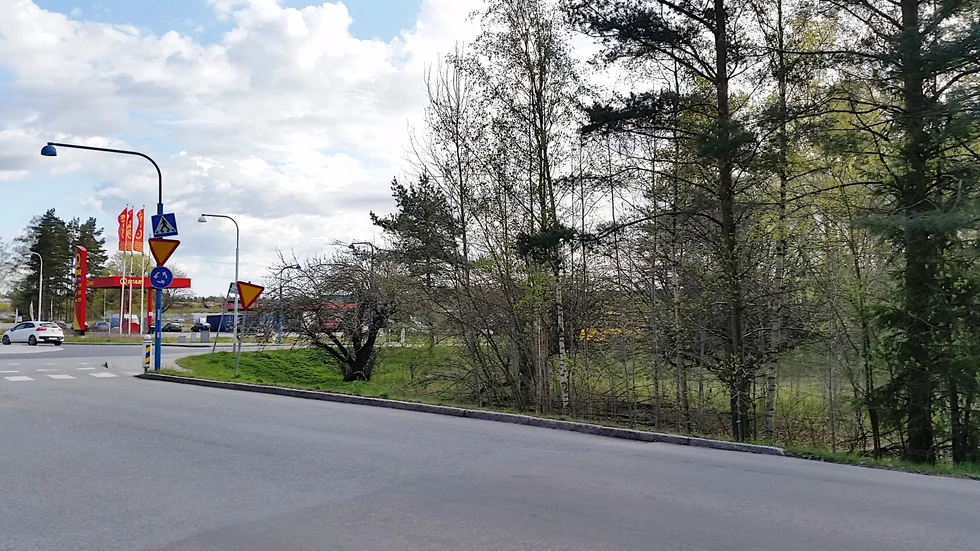 Skogsdungen i korsningen kommer att kunna bebyggas med kontors- och restauranglokaler när en ny detaljplan tagits fram.
