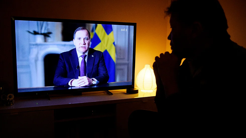 Statsminister Stefan Löfven (S) håller ett tal till nationen i SVT med anledning av coronapandemin.