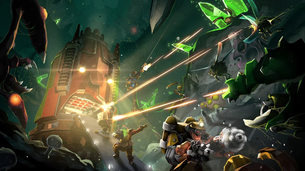Det skjuts och grävs i "Deep rock galactics" grottsystem. Största delen, uppskattningsvis 65 procent, består av skjutande. Pressbild.