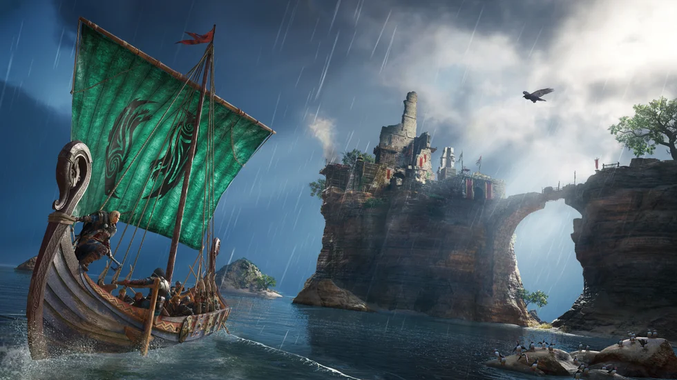 Vikingarnas fartyg gav ett övertag över fienden. Det är från dem som spelaren kan ge sig in i räder i fiendernas territorium. Korpen Sýnin är huvudpersonen Eivors följeslagare. Pressbild.