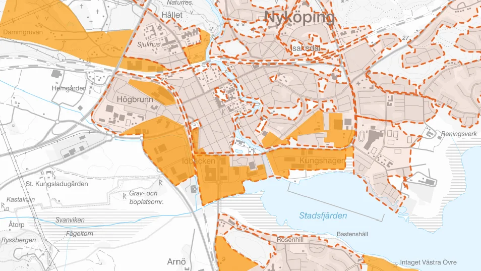 Bostäderna till alla nya Nyköpingsbor växer fram i centrum, runt det nya Resecentrumet och vid Stadsfjärden, enligt förslaget till ny översiksplan. Områden för ny bebyggelse är markerade med gult.