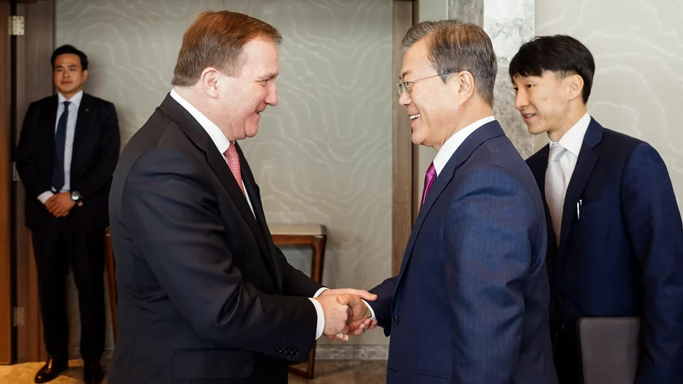 Statsminister Stefan Löfven togs emot av Sydkoreas president Moon Jae-in i Seul i december 2019. Arkivbild.