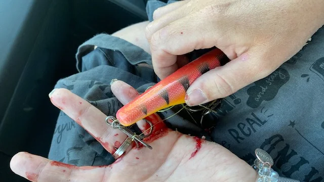 När gäddan sprattlade till så gled en av krokarna in i Elin Lindström ringfinger. Blodvite och smärta, men hjälpsamma grannar såg till det slutade lyckligt.