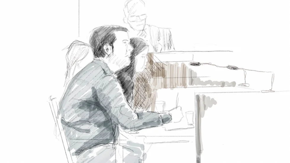 Illustration från tingsrättsförhandlingarna mot läkaren. Arkivbild.