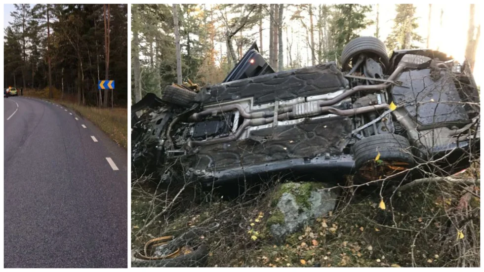 Vansinnesfärden med en högprestandabil med drygt 500 hästkrafter slutade i skogen mellan Malmby och Stallarholmen. Föraren, en man från Örebro län, klev oskadd ur bilvraket.