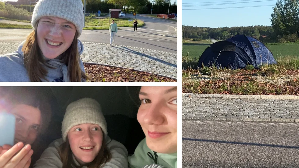 Jennifer Tessmann, Hanna Wildros och Moa Axelsson tältade i rondellen vid Trekanten – en utmaning för att få poäng till sina klasser på Europaskolan. Uppdragen dokumenteras och läggs ut på klassernas Instagramkonton.
