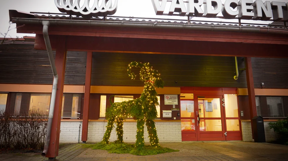 Den här gröna figuren står utanför vårdcentralen i Gnesta.