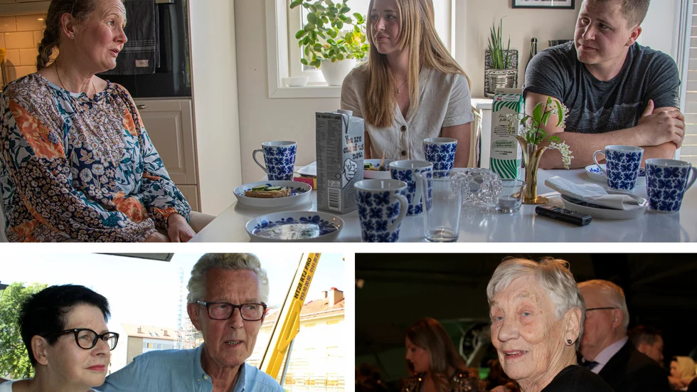 Stora bilden: Maria Karlström med barnen Linnéa och Oskar under intervjun på Bötinge gård. Lilla bilden till vänster: Irene Palm och Anders Lindquist i lägenheten på Ådalagatan. Lilla bilden till höger: Årets Linköpingshjärta Siv Nordquist.