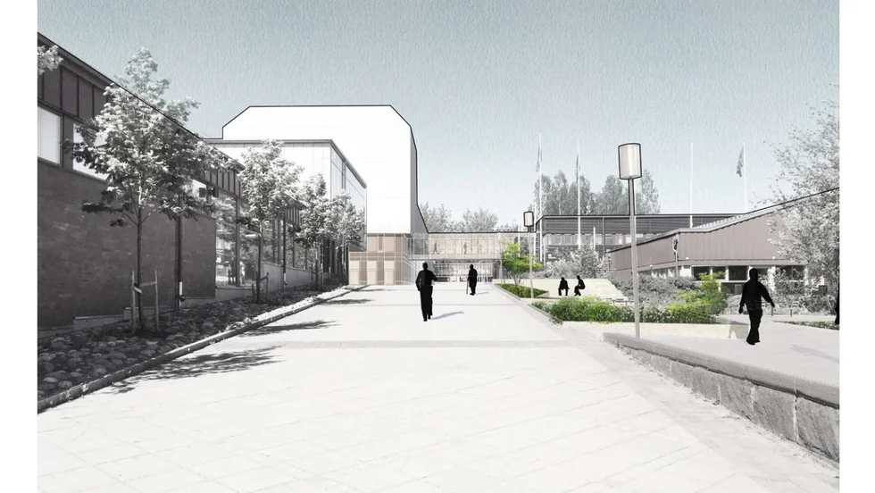 Så här kan nya D-huset komma att se ut, sedd norrifrån från Vintergatan. Mellan D-huset och E-huset kan en inglasad gångbro byggas.