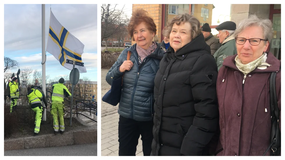 Kauko Harju hjälpte till med hissflaggningen, som bevittnades av bland annat Ritva Alapiha, Anita Rantanen och Marja-Liisa Mursu. De är alla är medlemmar i Åkers finska förening, och alla glada över den nya sortens flaggning utanför kommunhuset.