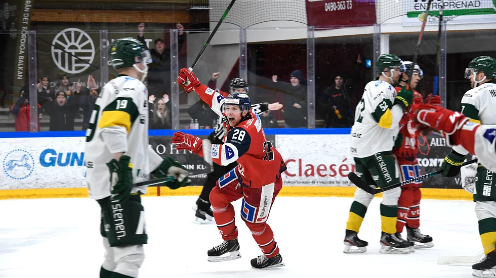 Emil Alba har anledning att jubla i och med att VIK spelar i Hockeyallsvenskan även nästa säsong.