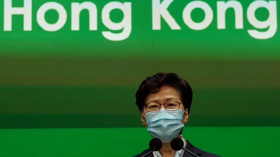 Hongkongs ledare Carrie Lam under en pressträff den 5 maj.
