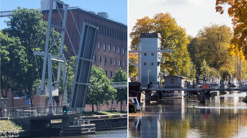 Hamnspången fastnade i öppet läge på lördagen.,
