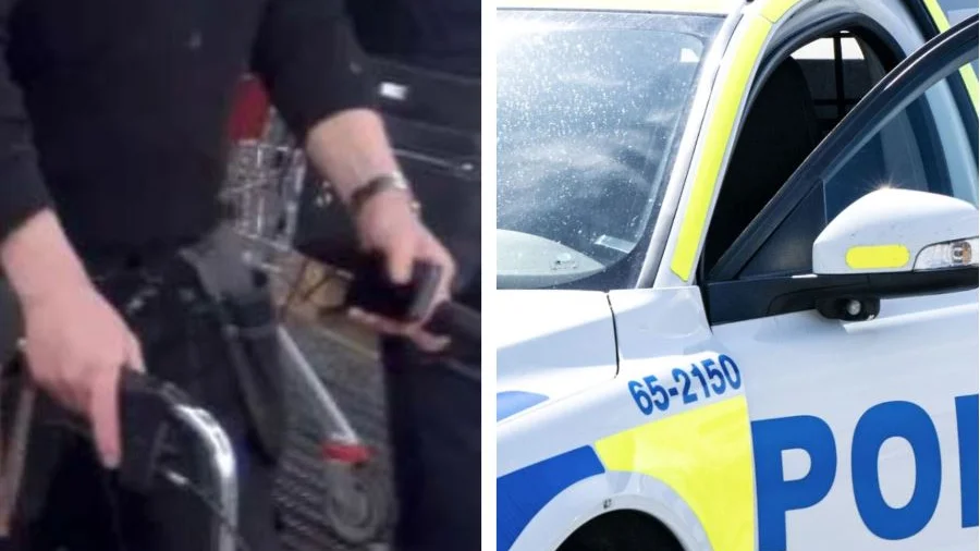 Den misstänkte tjuven filmades av en övervakningskamera när han gick i väg med en rullator. (Bilden till vänster är hämtad ur förundersökningen.) 