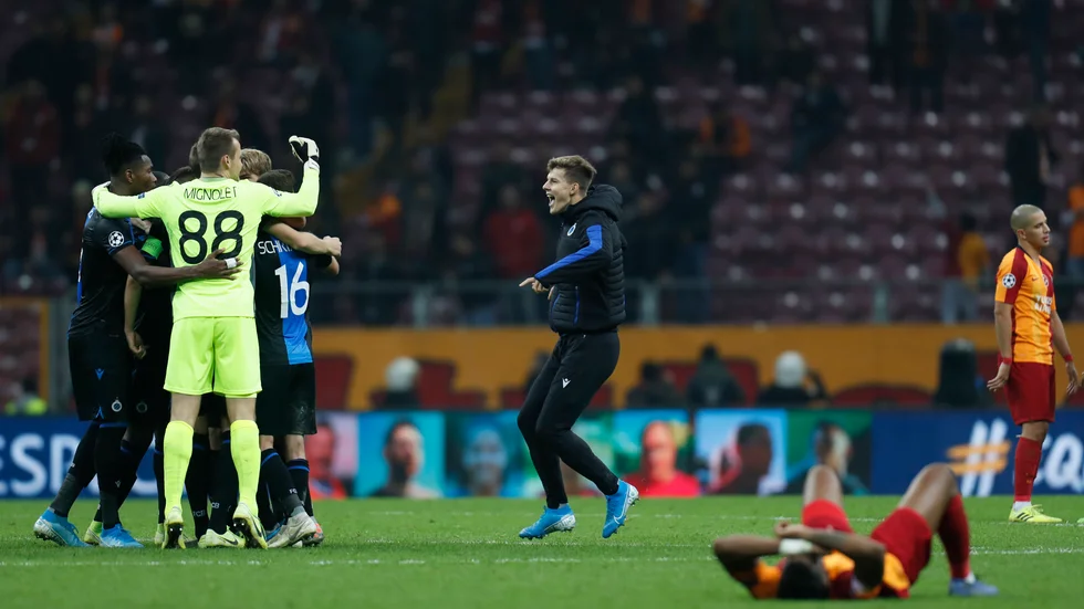 Club Brygge, vars spelare här jublar efter seger över Galatasaray i Champions League i november, blir mästare i Belgien om ligaspelet avbryts. Arkivbild.