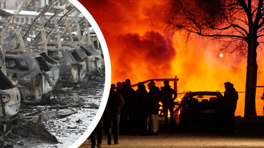 Värden för miljonbelopp beräknas ha gått förlorade i fredags när närmare 40 bilar brann på Mariehem. Foto: Torbjörn Jakobsson/VK. 