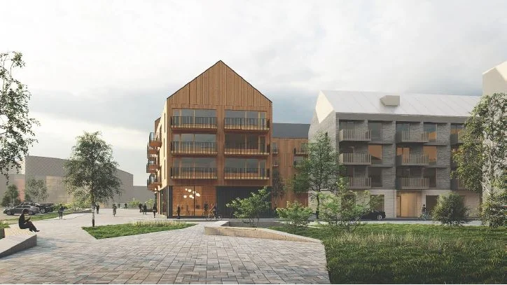 Exempel på utformning i ett av de planerade kvarteren intill Fyrislundsgatan. Exakt utseende bestäms senare. 