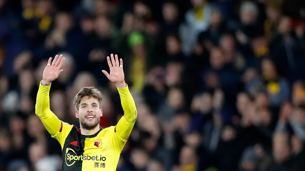 Watfords Kiko Femenia efter en överraskande seger mot Liverpool i februari. Arkivbild.