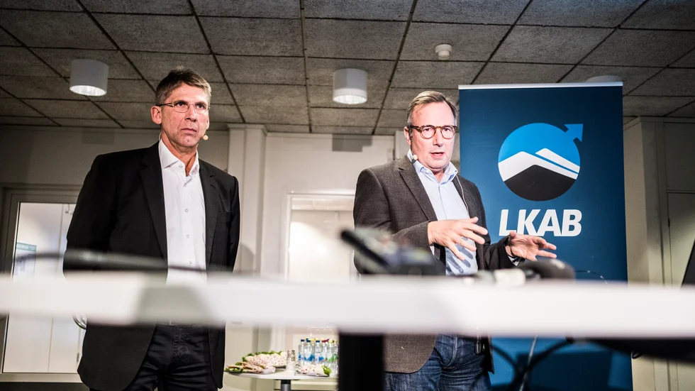 LKAB:s vd Jan Moström till vänster. Till höger prospekteringssdirektören Pierre Heeromaa. "Prospektering är den verksamhet som vi priortierar främst i nuläget och kommer att göra allt för att hålla igång den så långt det bara är möjligt", säger Jan Moström angående LKAB:s strategi för att hantera coronakrisen.