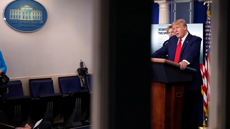 USA:s president Donald Trump håller presskonferens i Vita husets pressrum på tisdagen.