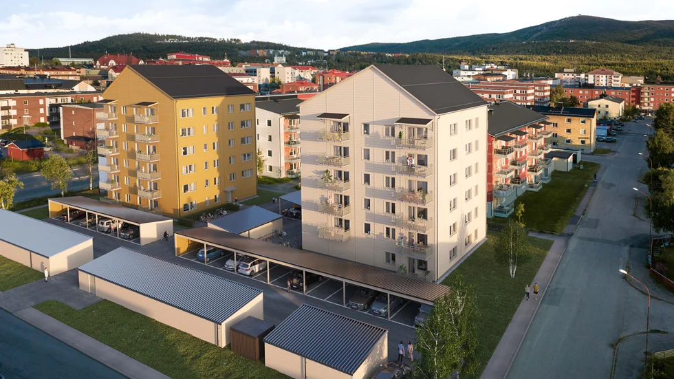 Så här är det tänkt att de två nya flerfamiljhusen, som rymmer 46 bostadsrätter, ska se ut när de är färdiga. 