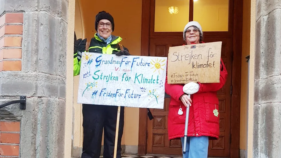 Insändarskribenten står varje fredag med sina plakat för
att stödja rörelsen: Strejk för klimatet..Till vänster Iréne Crona och Dorothee Hildebrandt.