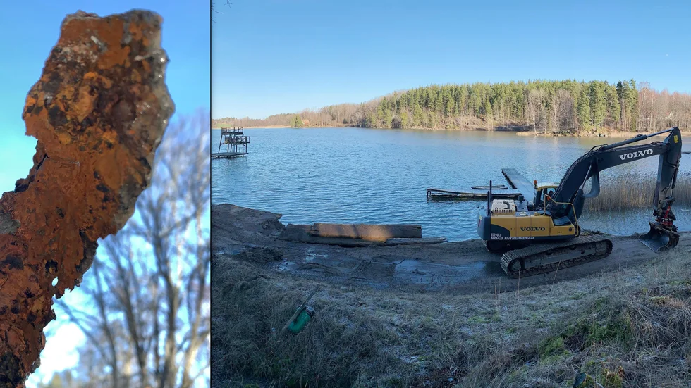 En brygga vid badet i Malmköping är i färd med att rivas. Den vilade på en gammal räls och var illa åtgången av rost.