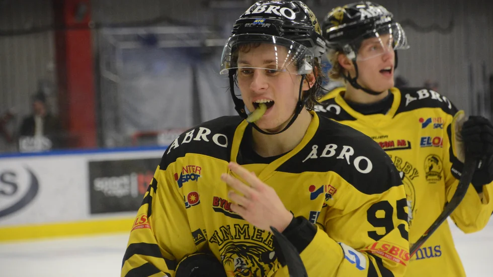 Glädje. Oscar Gustafsson har här precis gjort 4-2 för Vimmerby.