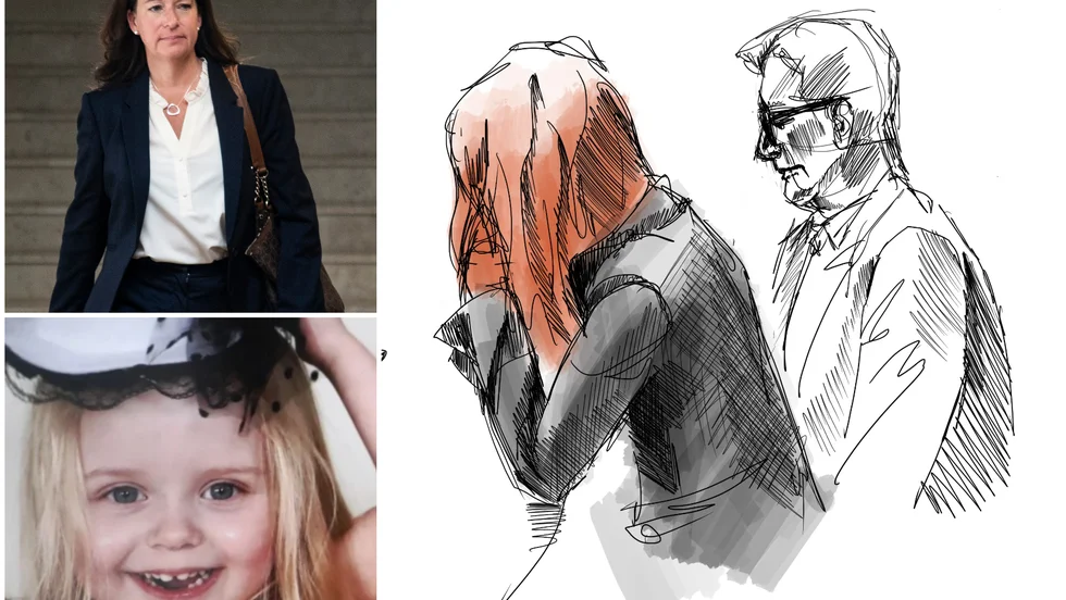 En tecknare visar hur den åtalade kvinnan tillsammans med advokaten Per Oehme följer åklagaren Anna Landers sakframställan i Norrköpings tingsrätt.