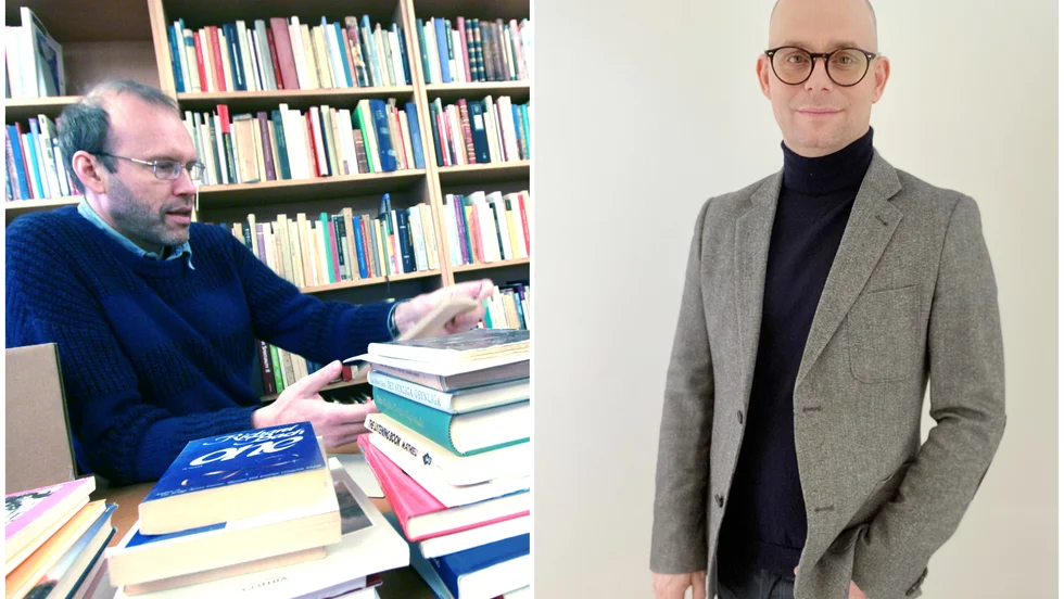 Sigtunastiftelsens bibliotekarie Anders Claesson och kommunens tf bibliotekschef Henrik Thureson.