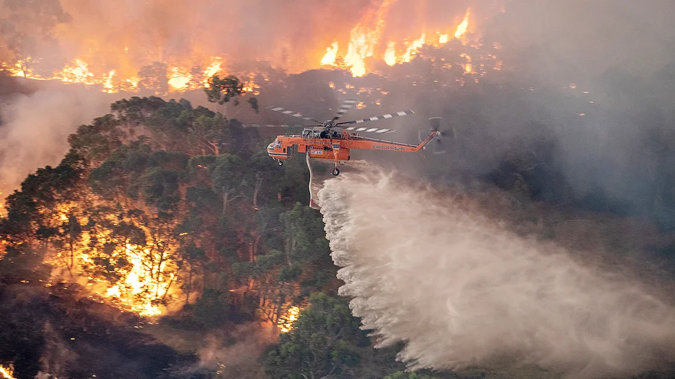 En helikopter vattenbombar bränderna i East Gippsland-området i delstaten Victoria. 