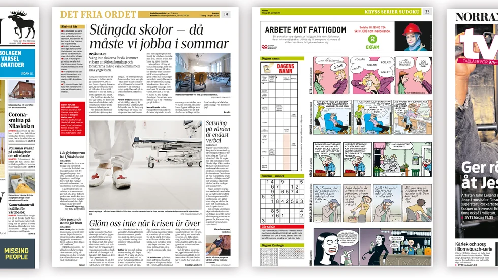 Några smakprov ur nya Norran. Så här kan ett omslag se ut, alltså första sidan, med den nya mallen. Insändarsidan får ett nytt utseende, liksom seriesidan. Dessutom gör tv-bilagan comeback.