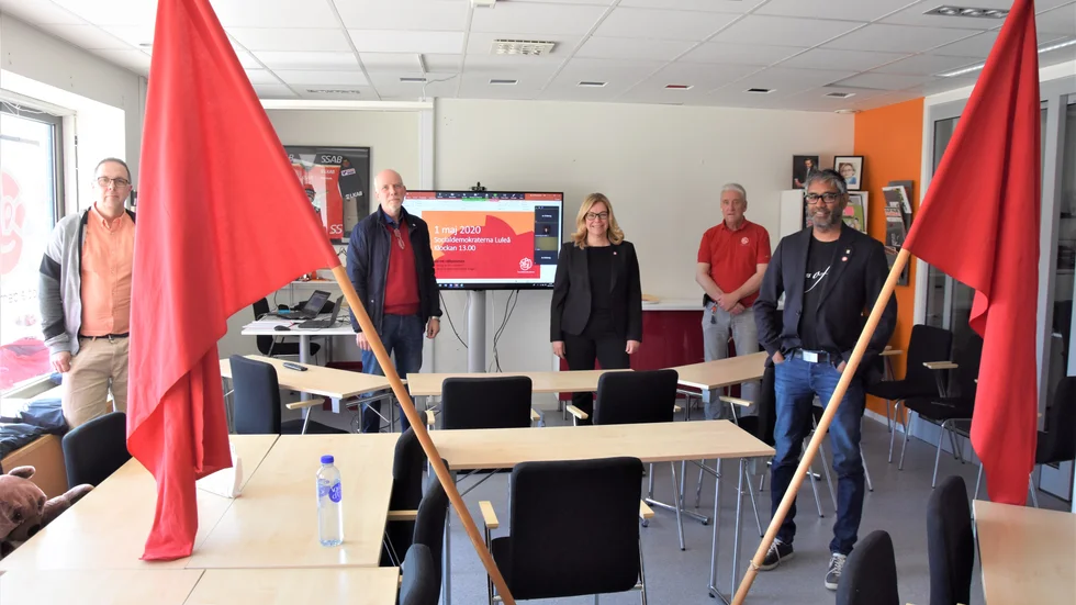 Socialdemokraterna i Luleå höll under fredagen ett digitalt Fösta maj-möte på sitt kansli. Frän vänster Krister Johansson, Anders Öberg, Lenita Ericson, Kent Ögren och Fredrik Hansson.