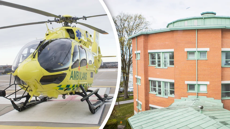 Både Gotlands egen ambulanshelikopter och andra landstings helikoptrar kan användas vid transport från Gotland. Bilden till vänster föreställer en helikopter vid Karolinska sjukhuset i Solna.