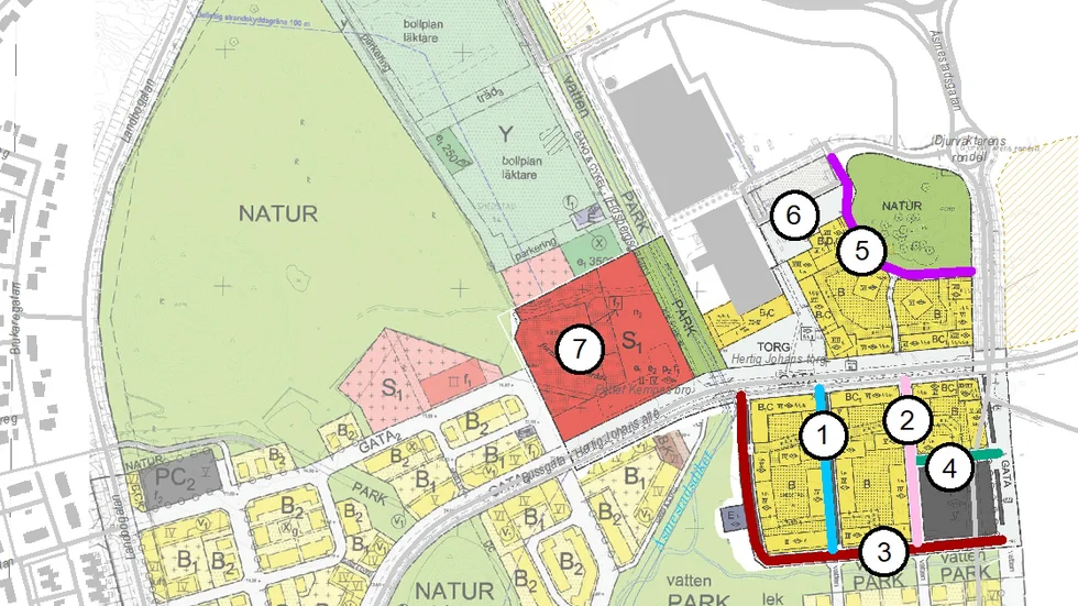 Nya namn på Djurgården: 1) Ängsvaktaregatan, 2) Timotejgatan, 3) Strandgärdesgatan, 4) Riagatan, 5) Nyängsliden, 6) Djurgårdens centrum och 7) Djurgårdsskolan. 