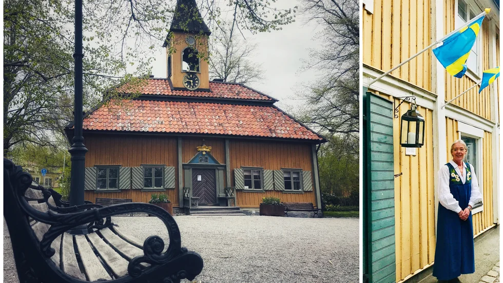 Nationaldagen skulle firas på Stora Torget i Sigtuna den 6 juni. På bilden står Sigtunabon Maria Collins i nationaldräkt utanför sin godisbutik. 