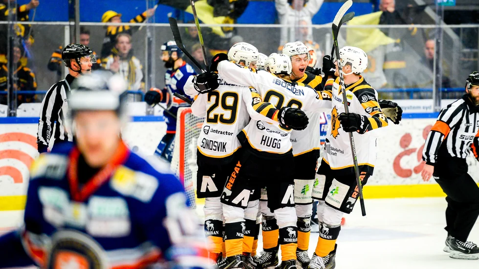 Skellefteå AIK:s Albin Sundsvik jublar efter att ha gjort 1-2 under torsdagen ishockeymatch i SHL mellan Växjö Lakers och Skellefteå AIK i Vida Arena. 