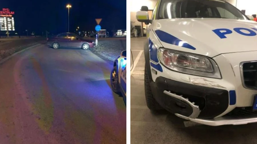 När 39-åringen körde ut ur rondellen fick bilen sladd. Den efterföljande polisbilen körde in i bilen. (Bilderna är hämtade ur förundersökningen.)