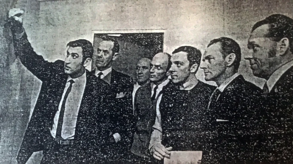 Halvard Nilsson, Gösta Lundqvist, Ernfrid Eriksson, Bengt Strömsten, Gunnar Åberg, Gösta Roslund, och Holger Klingstedt kollar in sträckningen för första Malmstråket.