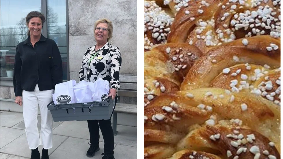Carina Fredriksson och Birgitta Nyberg, enhetschefer på det särskilda boendet Sandbyhovsgatan 4, fick ta emot bullar till personalen och de boende på tisdagen.