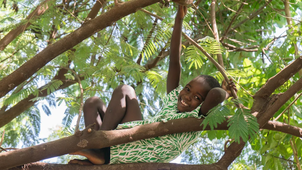 Träd är naturens superhjältar. Den kenyanska familjen Ochieng är en av de familjer som med stöd från Vi-skogen planterat träd på sin gård. Träd som både bidrar till ökade skördar och till att binda koldioxid. Här vilar dottern Frida i en av trädkronorna.