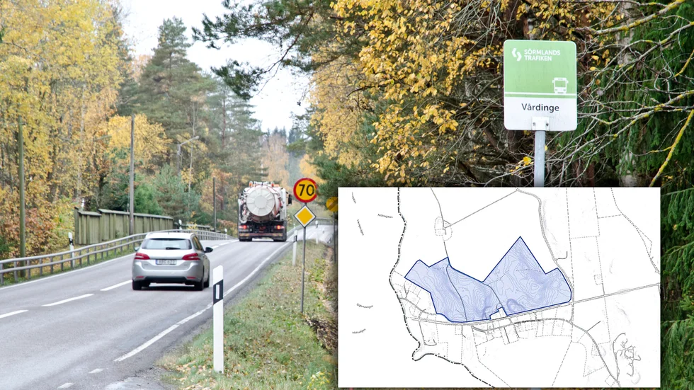Här, längs väg 57 öster om Gnesta, vill ett fastighetsföretag bygga 300 bostäder och en förskola.