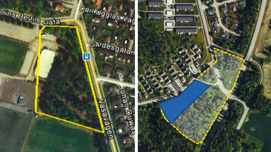 Till vänster är de cirka 18 000 kvaddatmeter mark på Backavallen, som avses för bostadsbyggande. Till höger visas det 22 000 kvadrat stora markområdet intill Svartbäcksvägen. Det blåmarkerade ingår inte. 