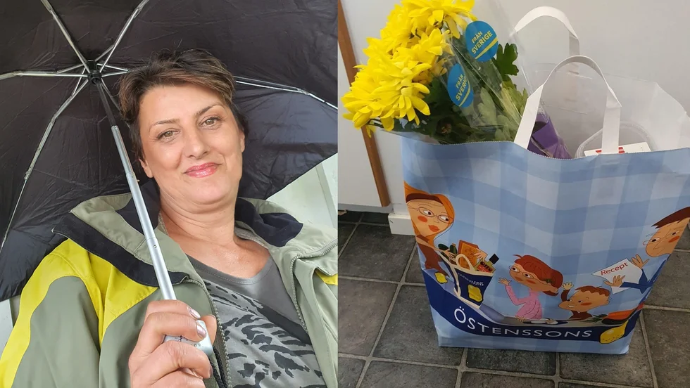 Danijela Acimovic, grundaren av Motalas medmänniskor, och en kasse matvaror och blommor till en behövande pensionär.
