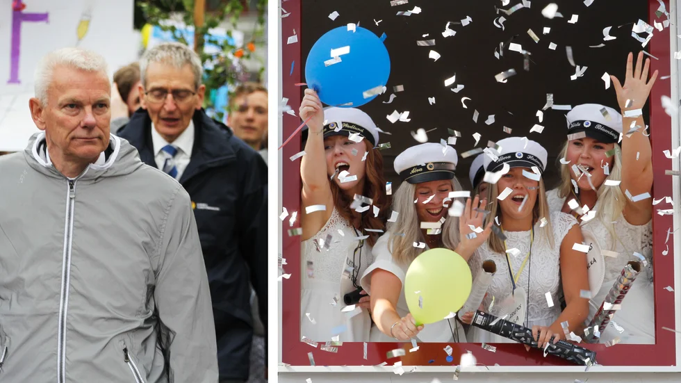 Europaskolans mösspåtagning den 2 juni och studentfirande dagen därpå kan inte genomföras som tidigare år. Bilderna på rektor Thomas Axelsson och de glada avgångseleverna är från år 2017 respektive 2019.