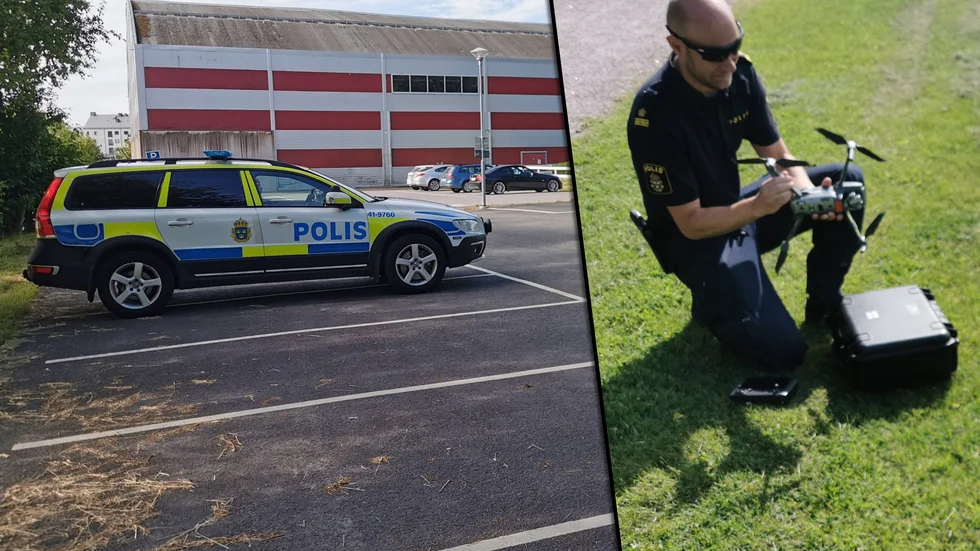 Polis är på plats och undersöker bland annat brottsplatsen med drönare.