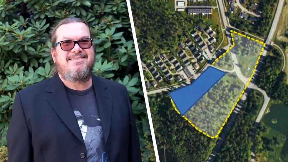 Miljöpartiets gruppledare Nicklas Adamsson. I markanvisningsavtalet med Tegelstaden bygg är det blåmarkerade området exkluderat. I det plan-PM som ligger till grund för nämndens beslut finns det med. 