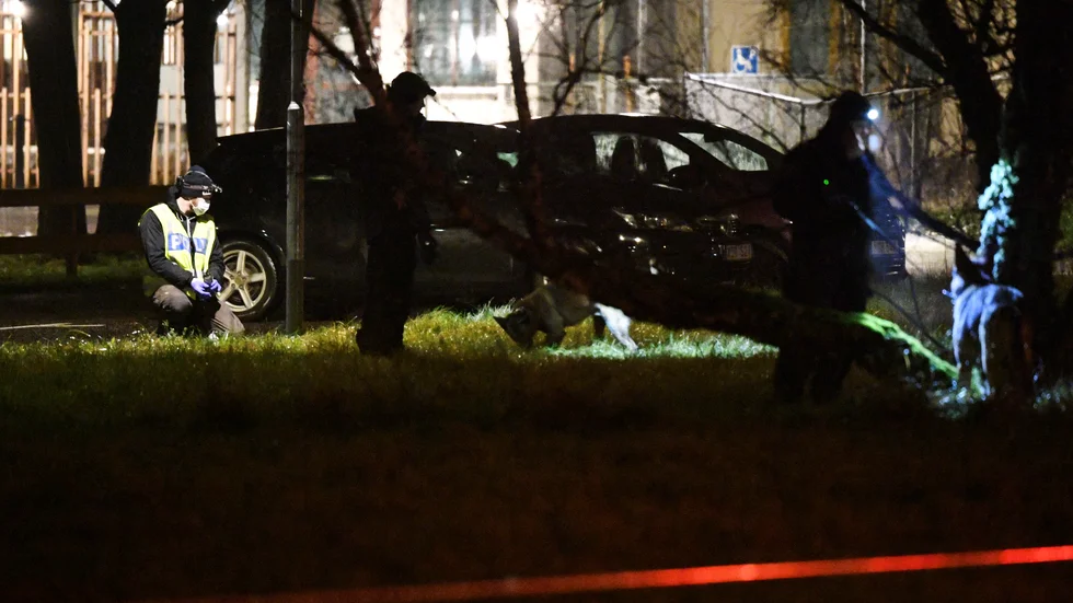 Polisen söker med hund efter bevis efter mordförsöket på två bröder i Hässleholm den 12 december i fjol. Nu döms en man i 20-årsåldern till åtta års fängelse för bland annat mordförsök. Arkivbild.