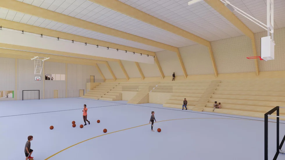 Den nya idrottshallen som ska byggas vid Tomtaklintskolan kommer att få både trästomme och träväggar. Läktarna kommer att rymma 500 åskådare.